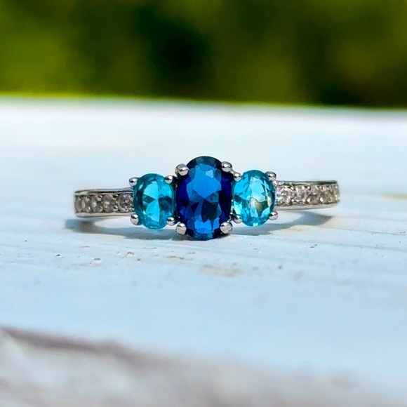 Blue Lab-created Sapphire & Swiss Blue Topaz Sterling Silver Ring - Picture 1 of 5